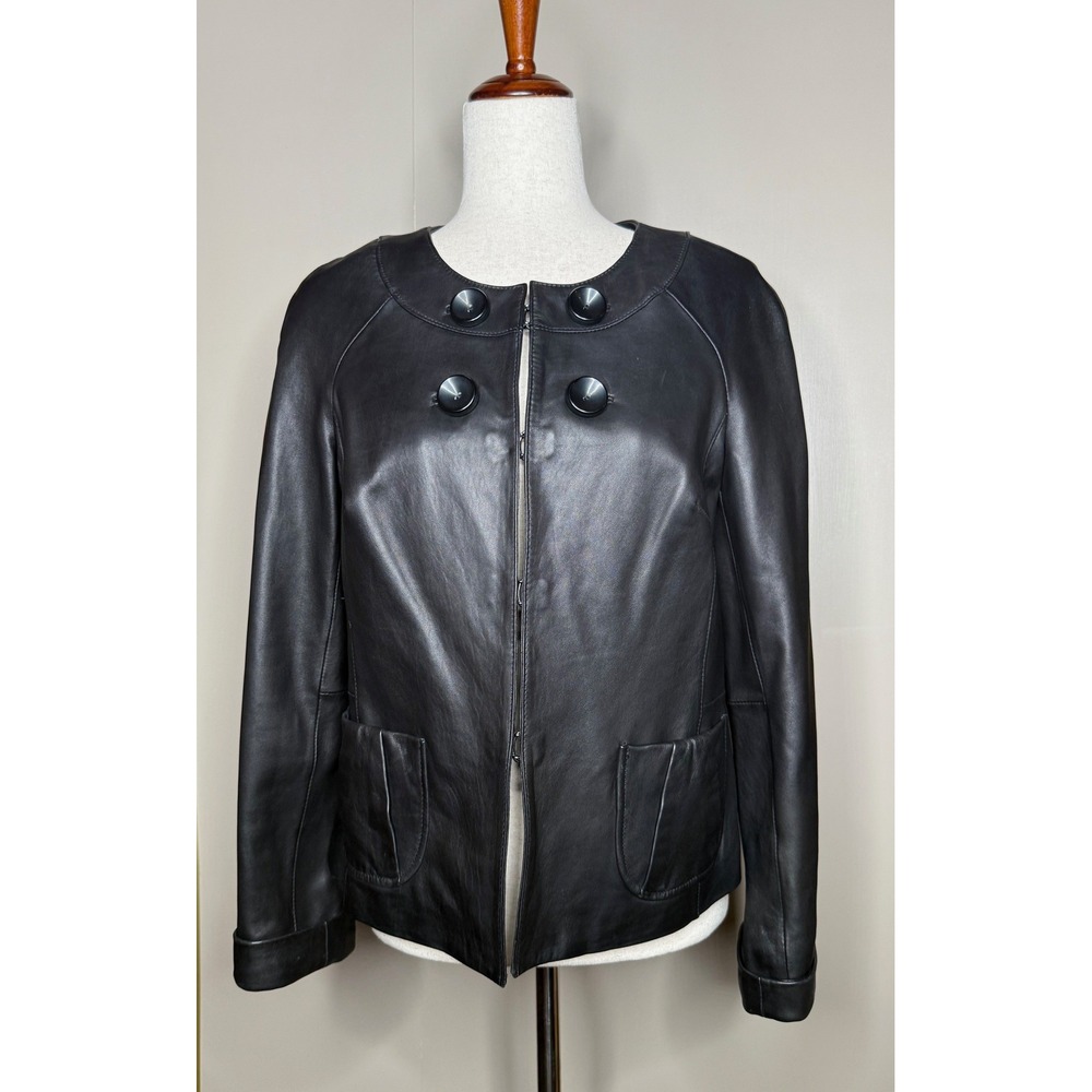 Classiques Entier Black Leather Jacket Womens Medium Collarless Button Detail